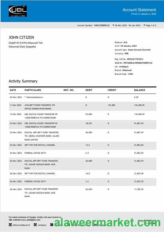 Pakistan UBL bank statement Word and PDF template, 2 pages